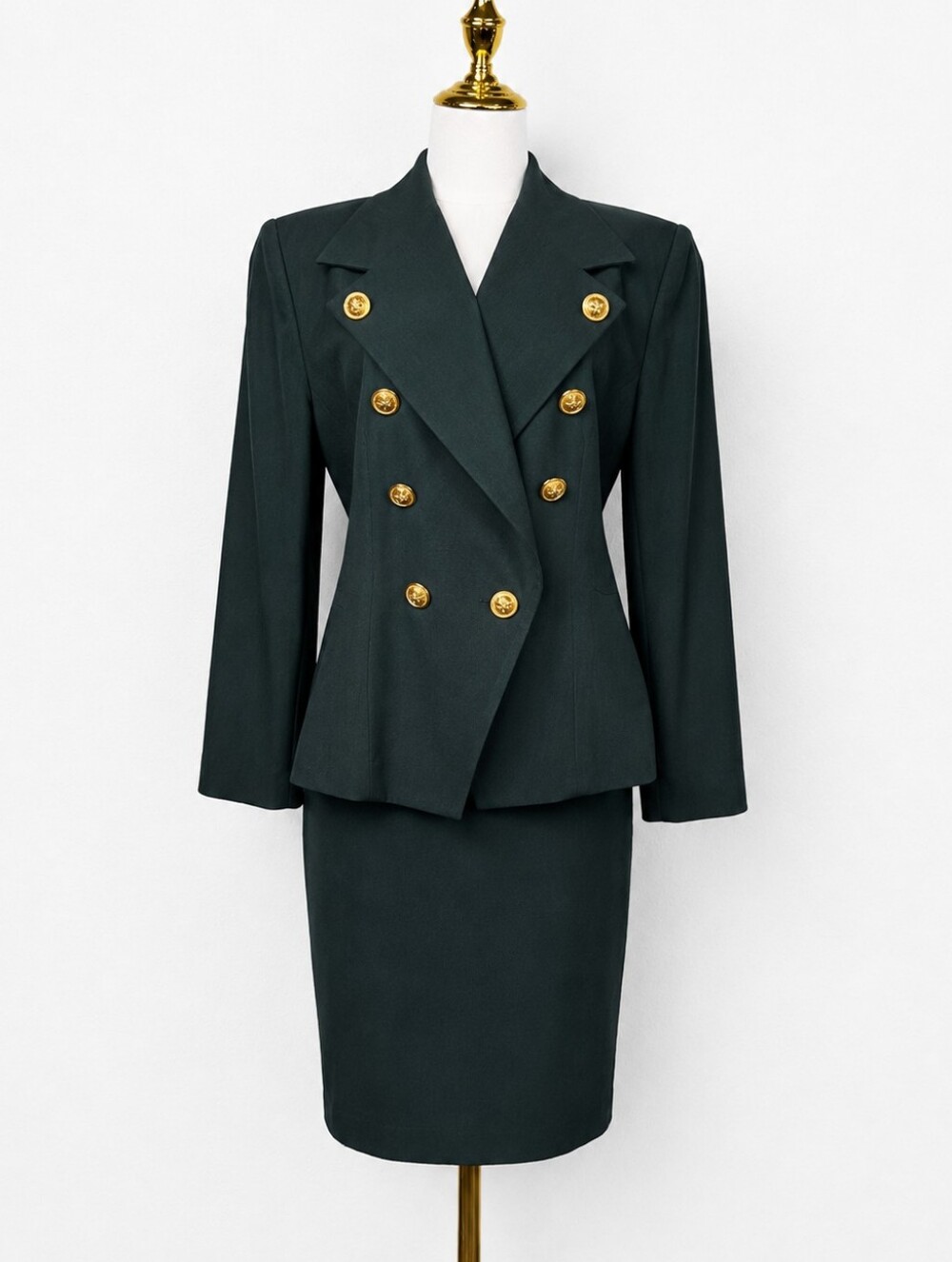 Vintage Ellen Tracy 100% Wool Green Gold Button Power Suit Skirt Set Petite 12